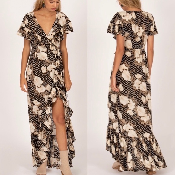 AMUSE Society Frill Seeker High-Low Ruffle Dark Floral Maxi Wrap Dress | Size XS - Picture 1 of 16